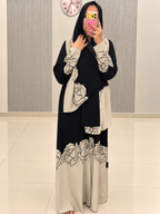 Beige Linen Abaya with Black Floral Detailing