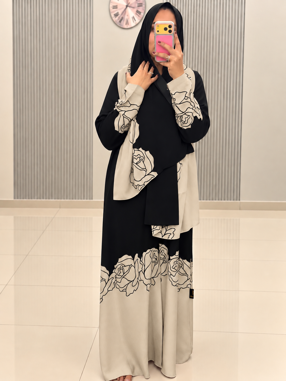 Beige Linen Abaya with Black Floral Detailing