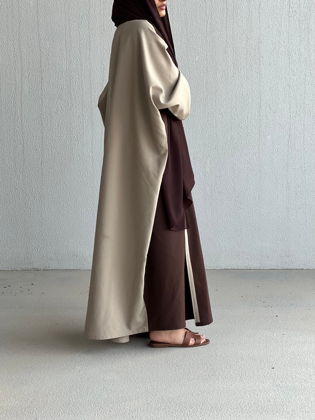 Brown with beige Abaya regular wrap cut