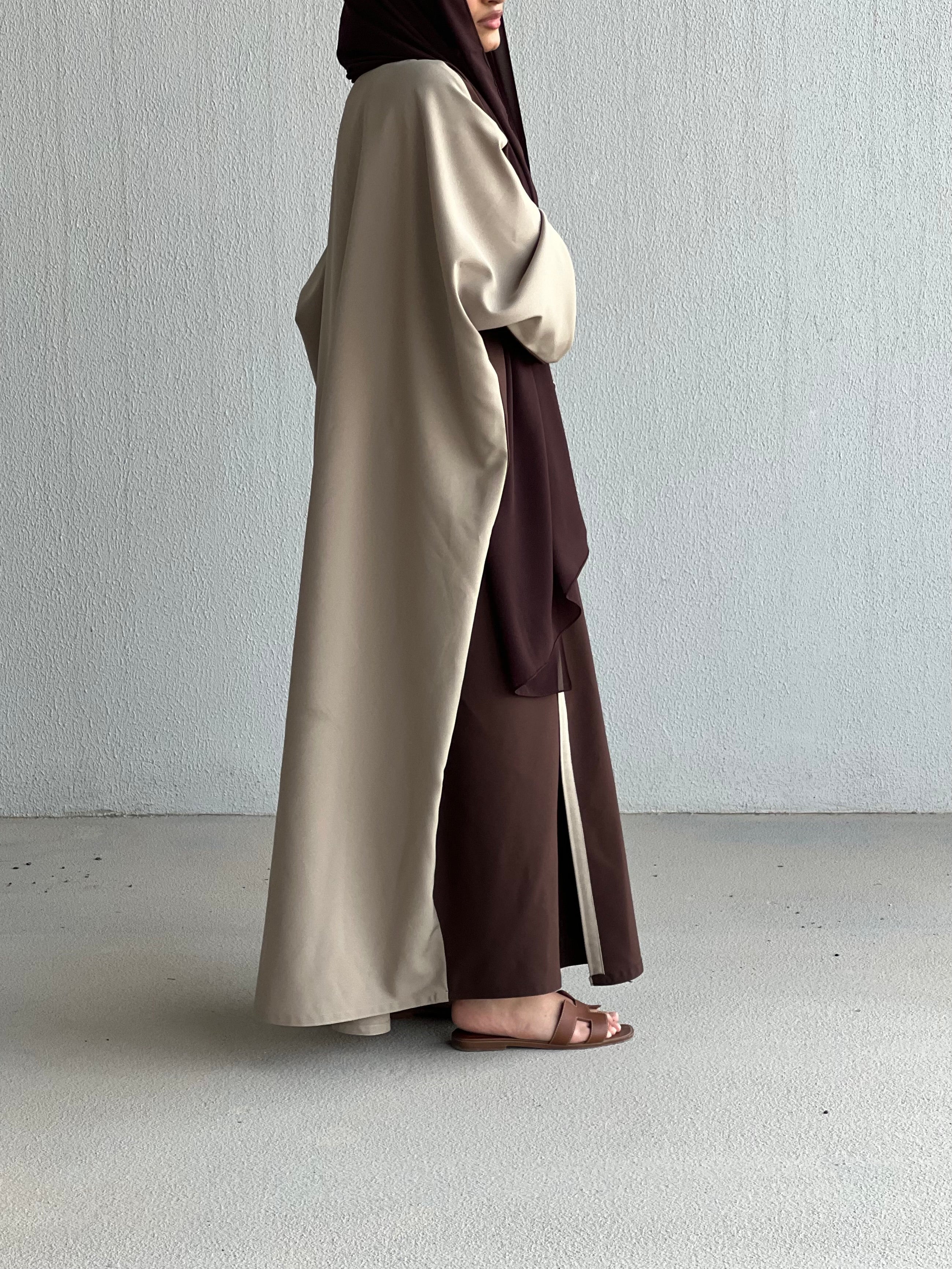 Brown with beige Abaya regular wrap cut