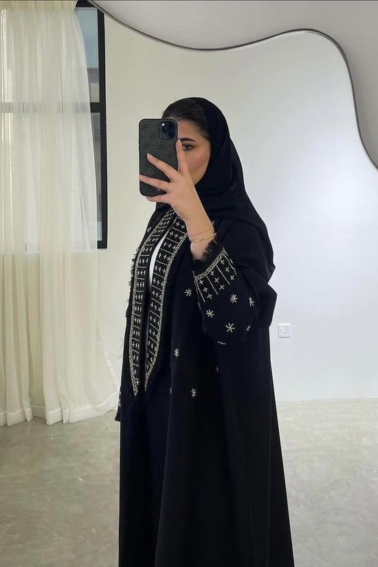 Classic Black Abaya with Intricate White Embroidery