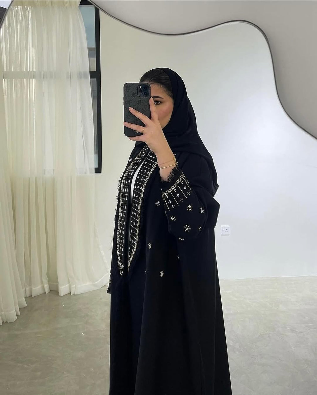 Classic Black Abaya with Intricate White Embroidery