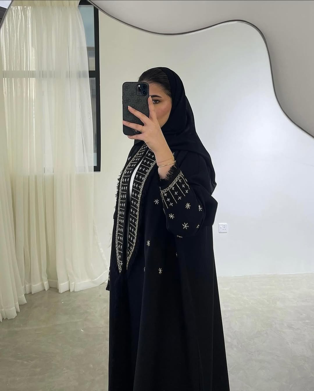 Classic Black Abaya with Intricate White Embroidery