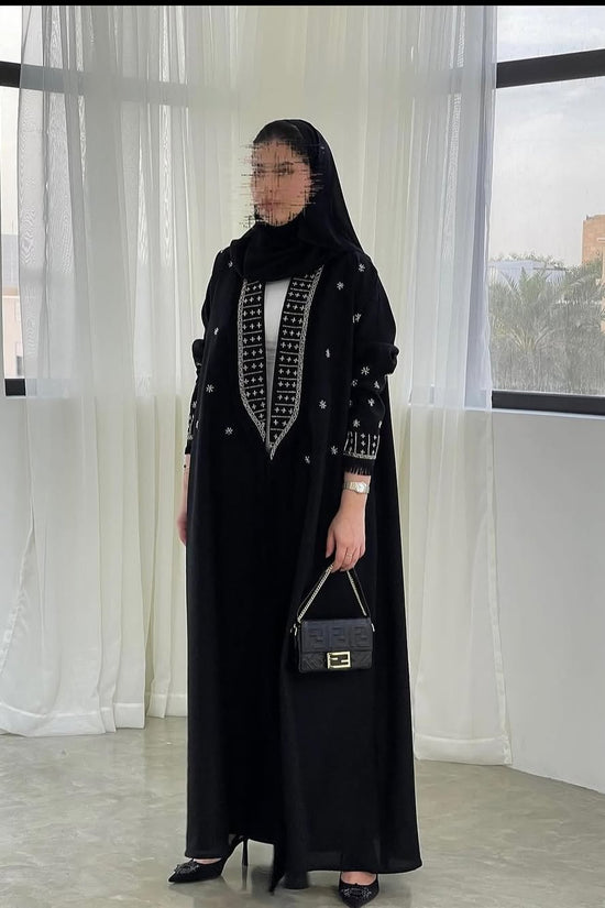 Classic Black Abaya with Intricate White Embroidery