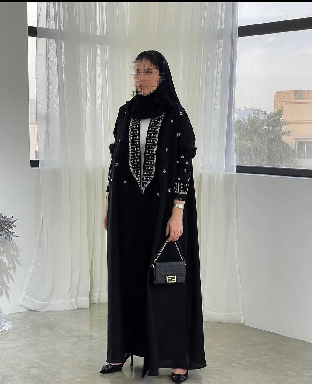 Classic Black Abaya with Intricate White Embroidery