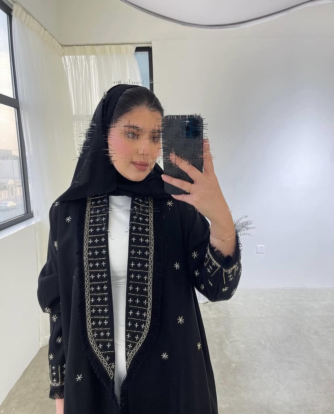 Classic Black Abaya with Intricate White Embroidery