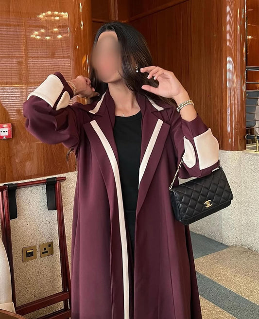 Burgundy Blazer Abaya with Beige contrast panel