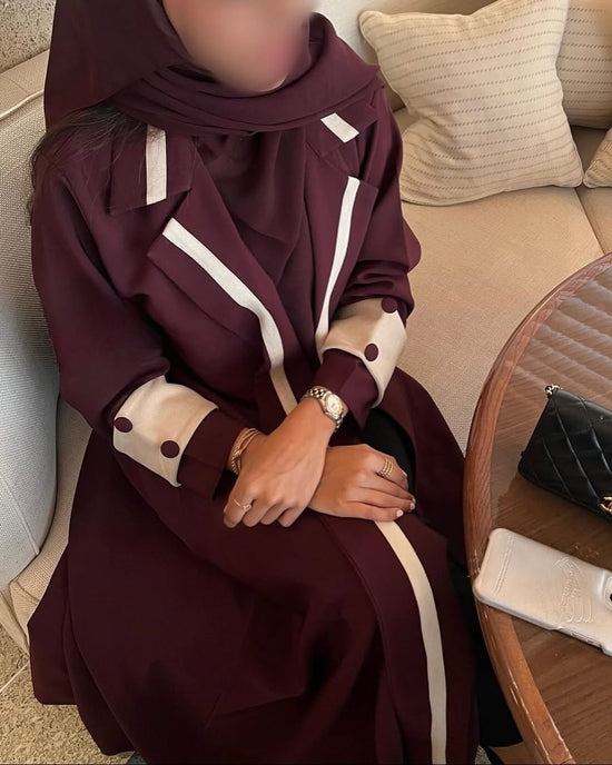 Burgundy Blazer Abaya with Beige contrast panel