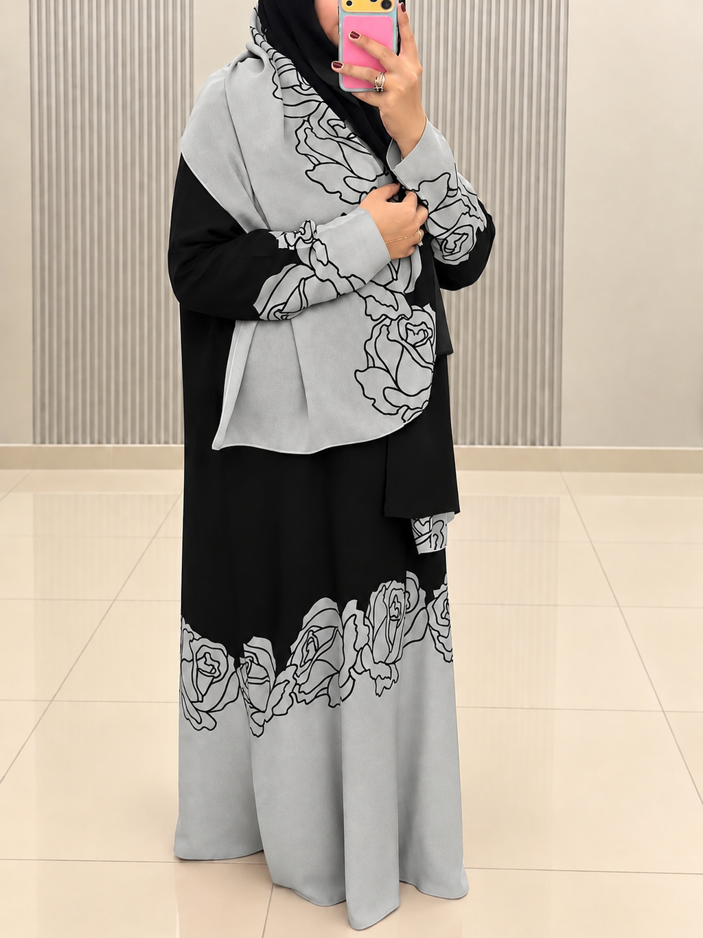 Grey Linen Abaya with Black Floral Detailing
