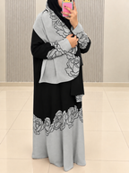 Grey Linen Abaya with Black Floral Detailing