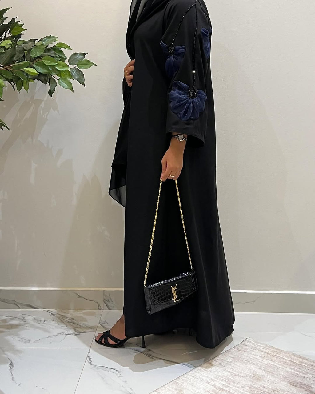 Elegant Black Abaya with Navy Blue Floral Embroidery