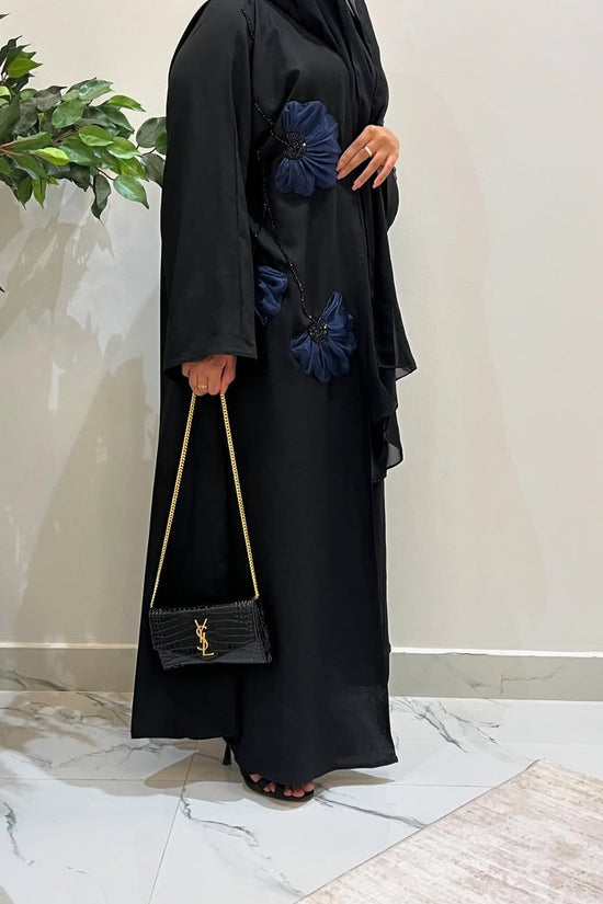 Elegant Black Abaya with Navy Blue Floral Embroidery