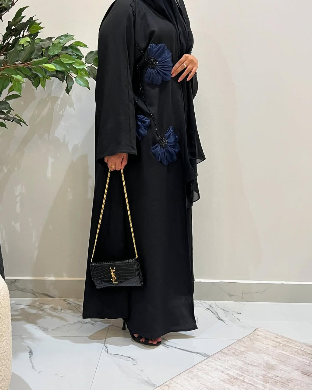 Elegant Black Abaya with Navy Blue Floral Embroidery