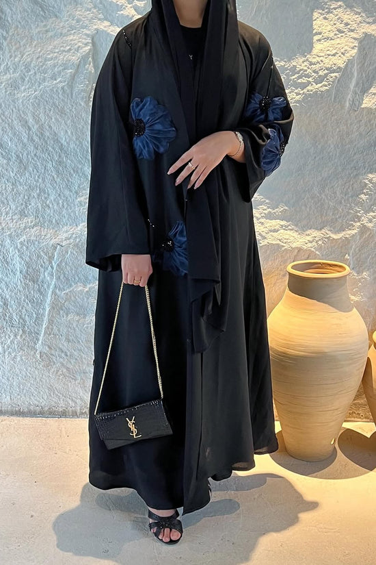 Elegant Black Abaya with Navy Blue Floral Embroidery