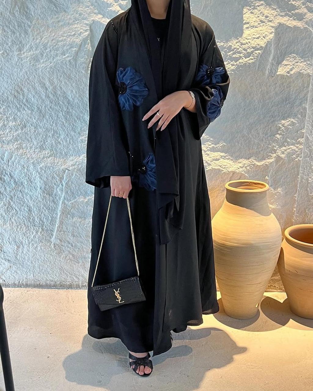 Elegant Black Abaya with Navy Blue Floral Embroidery