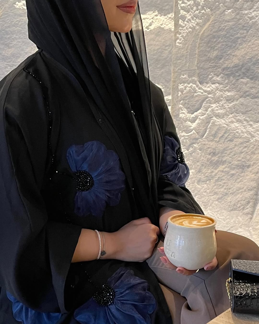 Elegant Black Abaya with Navy Blue Floral Embroidery