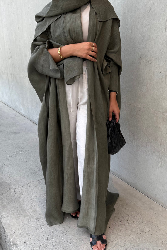 Turkish linen abaya, half-bisht cut - Green