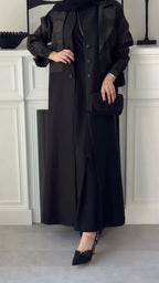 Elegant Two-Tone Open Abaya with Textured Overlay, black