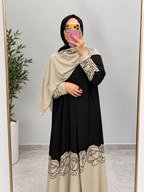 Beige Linen Abaya with Black Floral Detailing