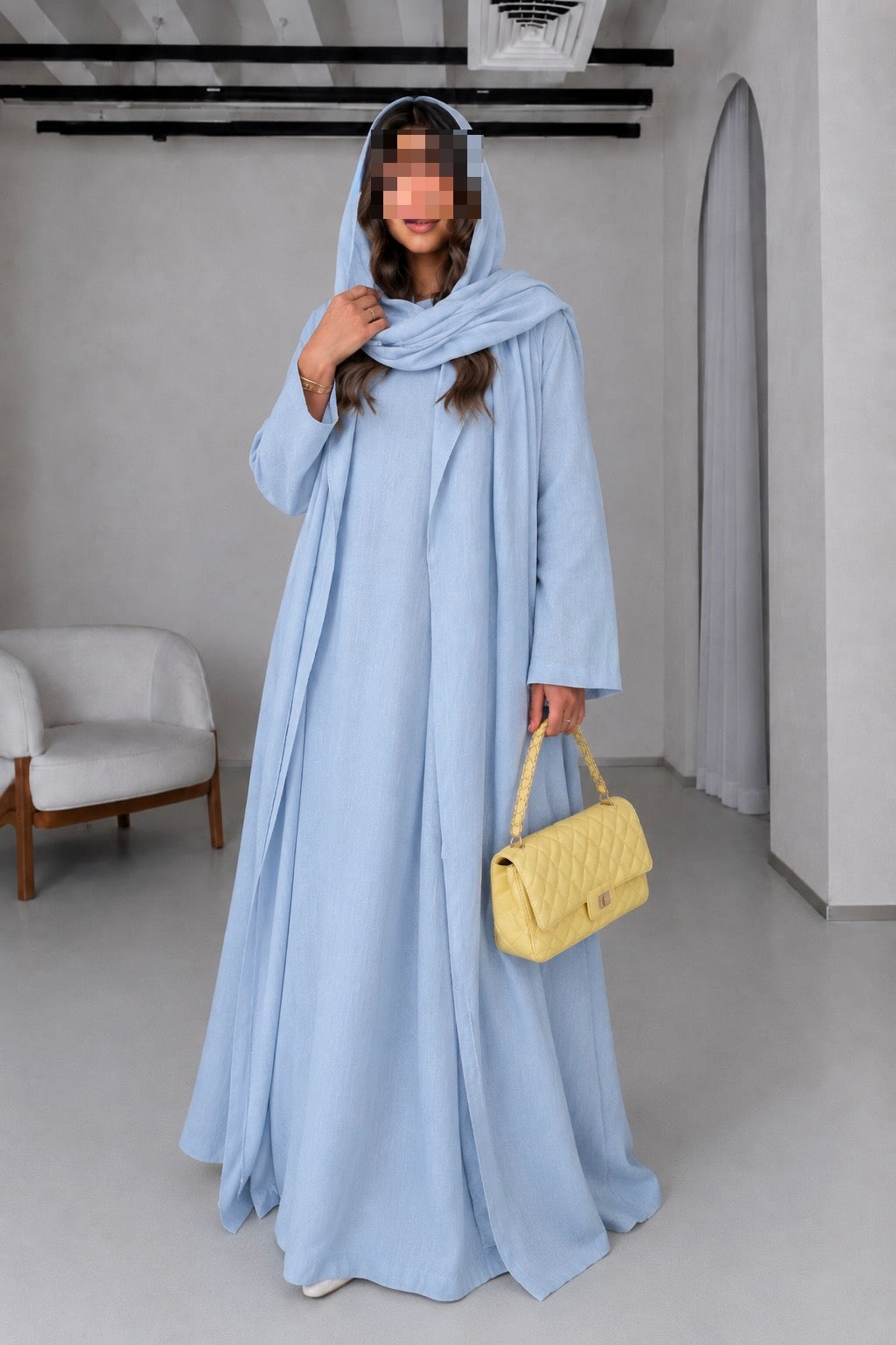 Soft Linen Summer Abaya Set with Matching Inner & Shaila, Light Blue