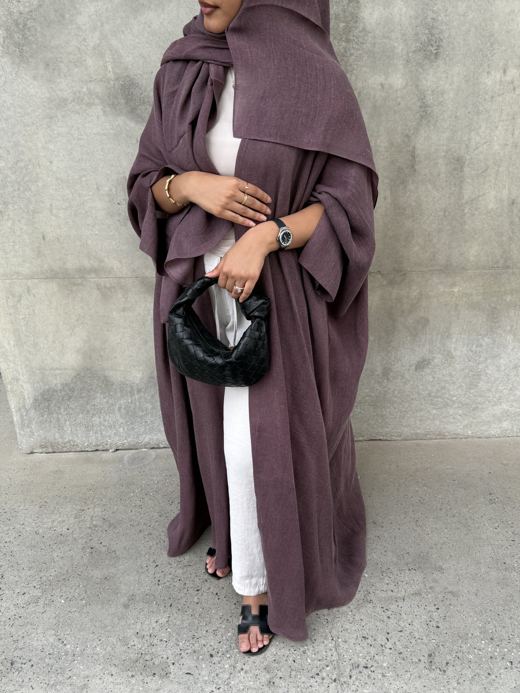 Turkish linen abaya, half-bisht cut - Mauve