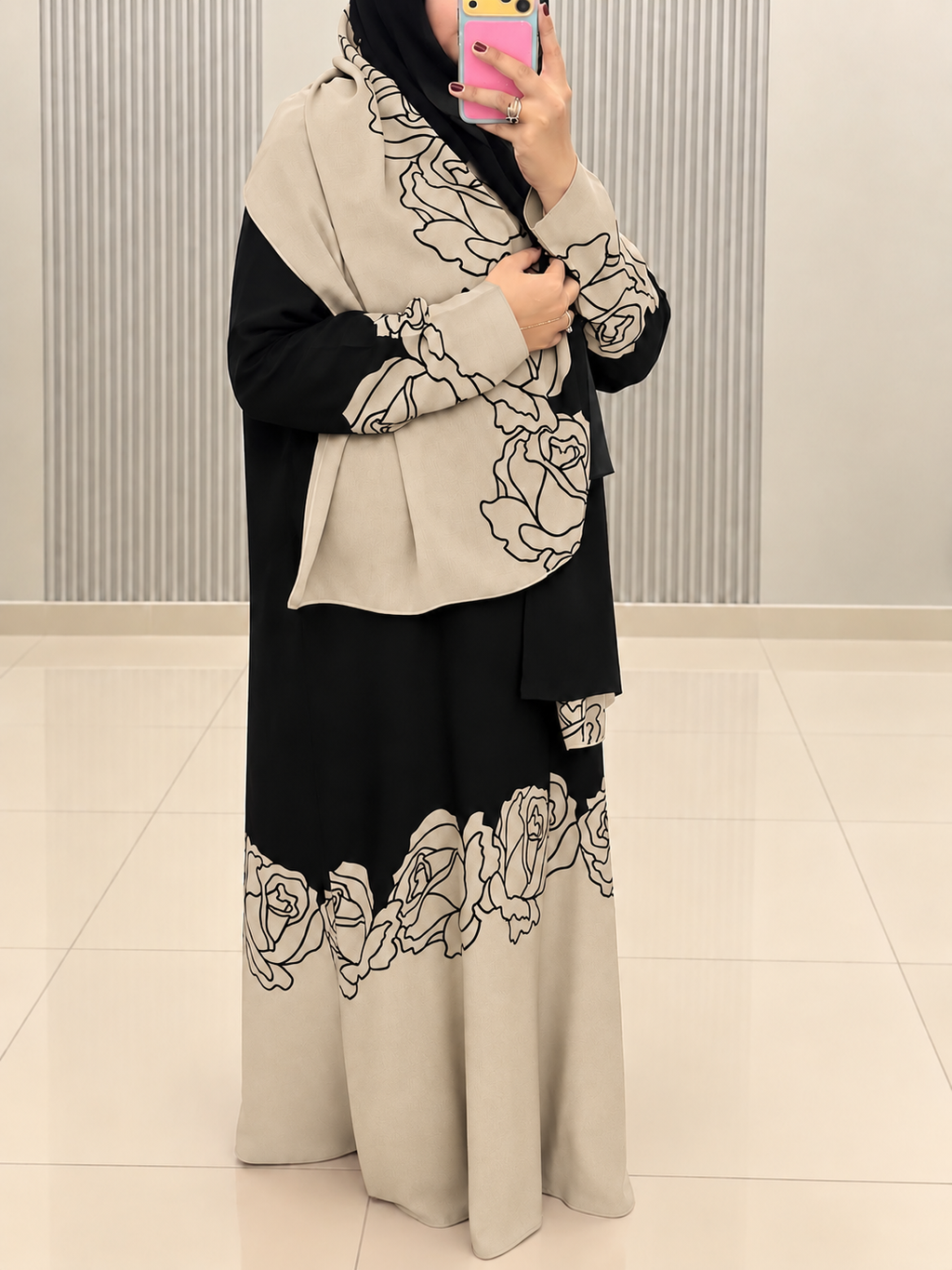 Beige Linen Abaya with Black Floral Detailing
