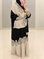 Beige Linen Abaya with Black Floral Detailing