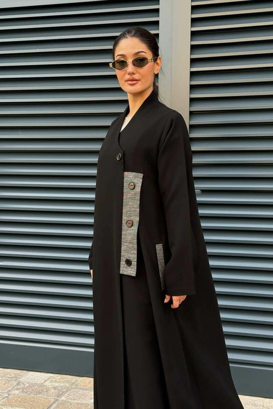 Black crepe abaya with Grey striped trimming