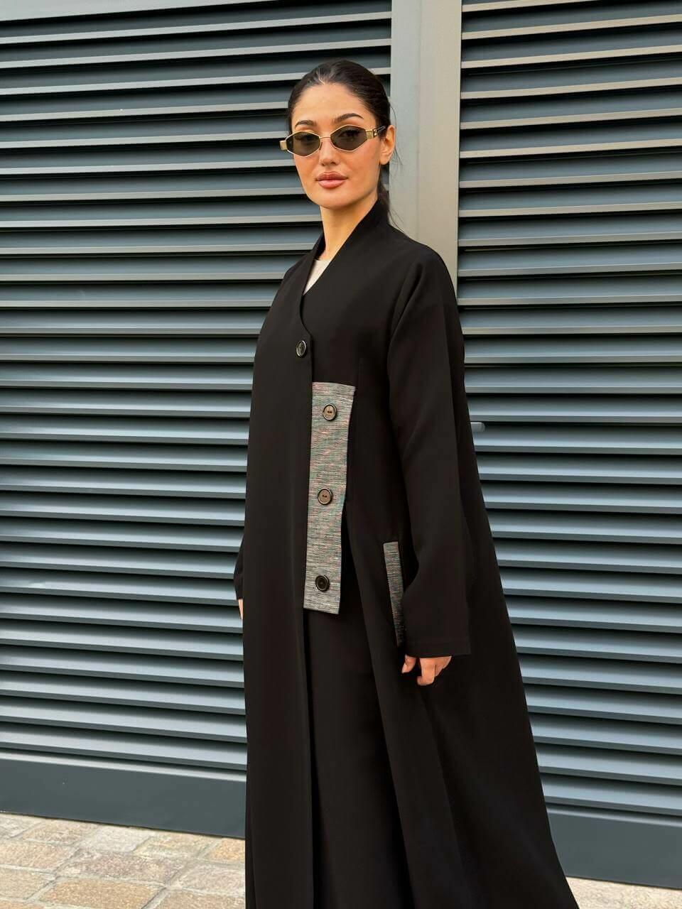 Black crepe abaya with Grey striped trimming