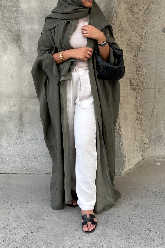 Turkish linen abaya, half-bisht cut - Green