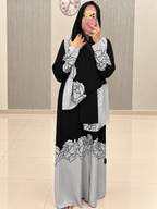 Grey Linen Abaya with Black Floral Detailing