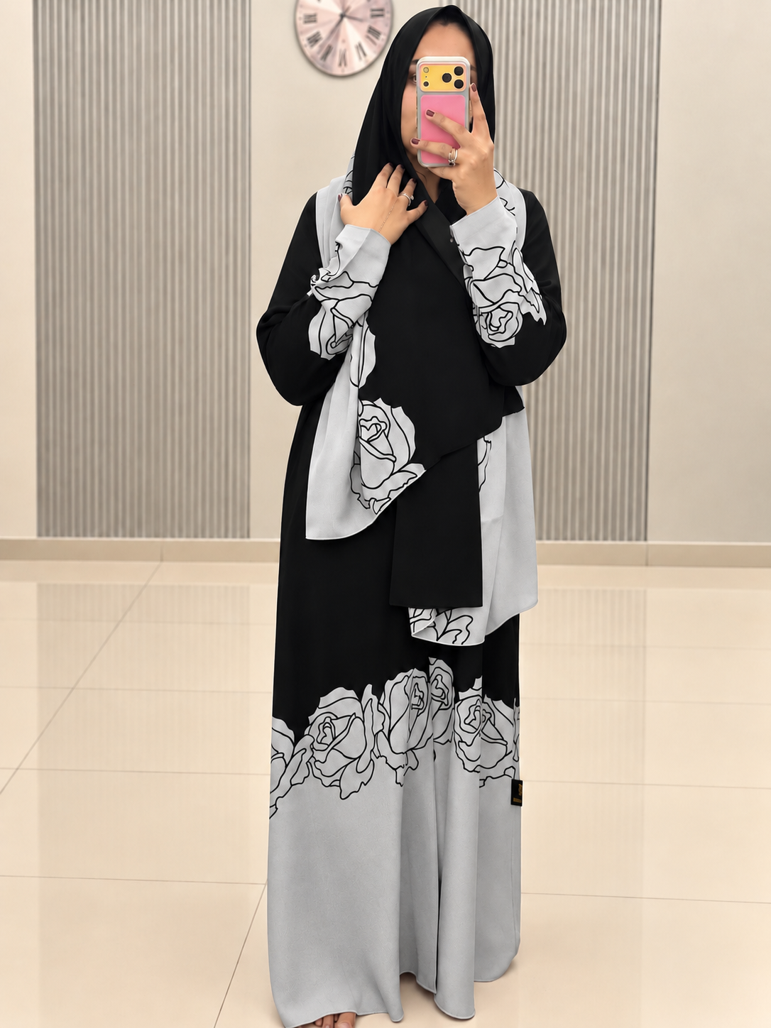 Grey Linen Abaya with Black Floral Detailing