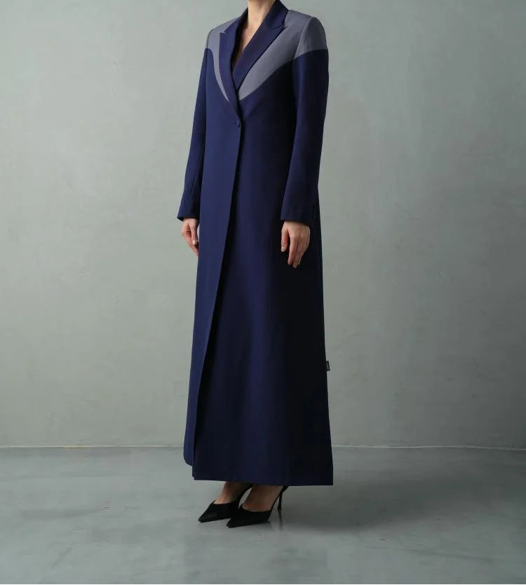 Navy Blue Blazer Abaya with Geometric Grey Contrast Lapel