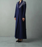 Navy Blue Blazer Abaya with Geometric Grey Contrast Lapel