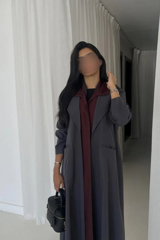 Grey & Burgundy Blazer Abaya