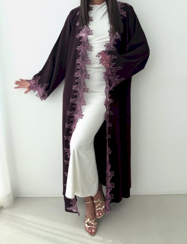 Purple Lace Open Abaya with Shaila