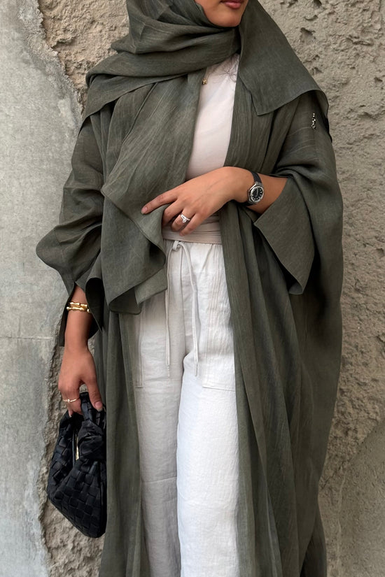 Turkish linen abaya, half-bisht cut - Green