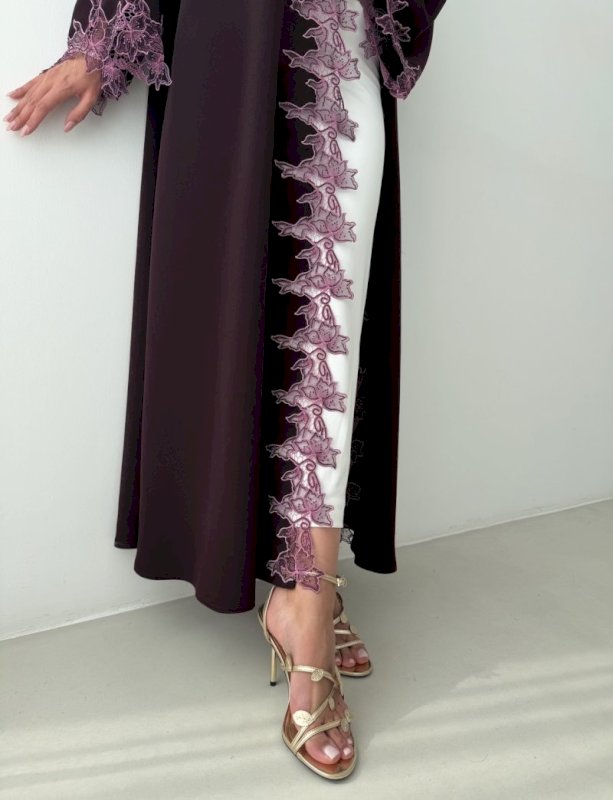 Purple Lace Open Abaya with Shaila