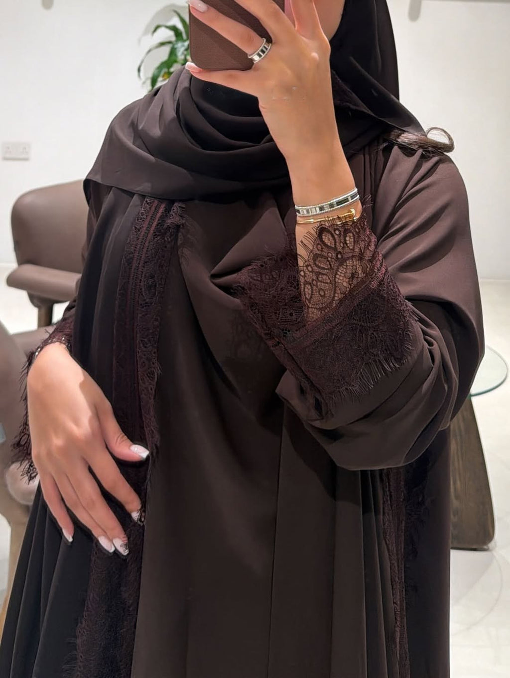 Abaya with Lace details Brown