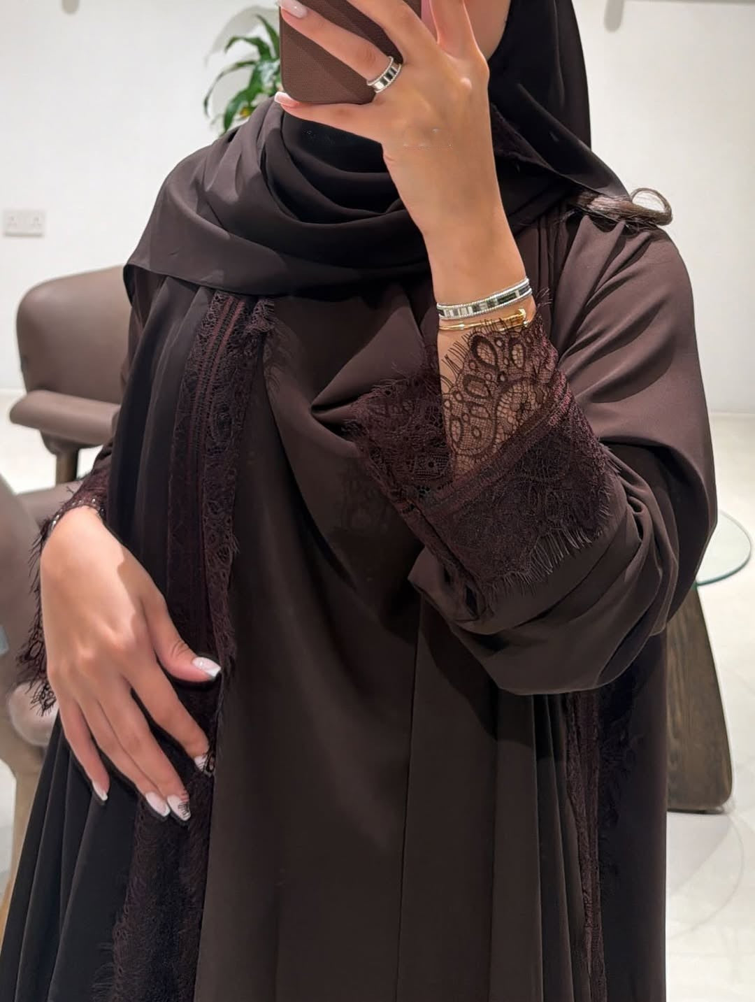 Abaya with Lace details Brown