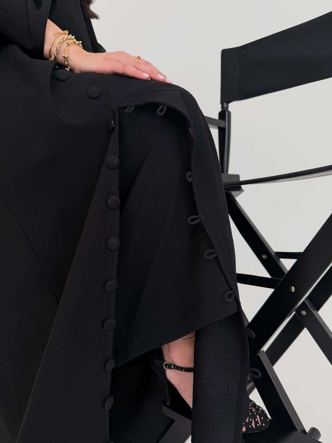 Black Textured Abaya with Side Button Detail