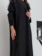 Black Textured Abaya with Side Button Detail