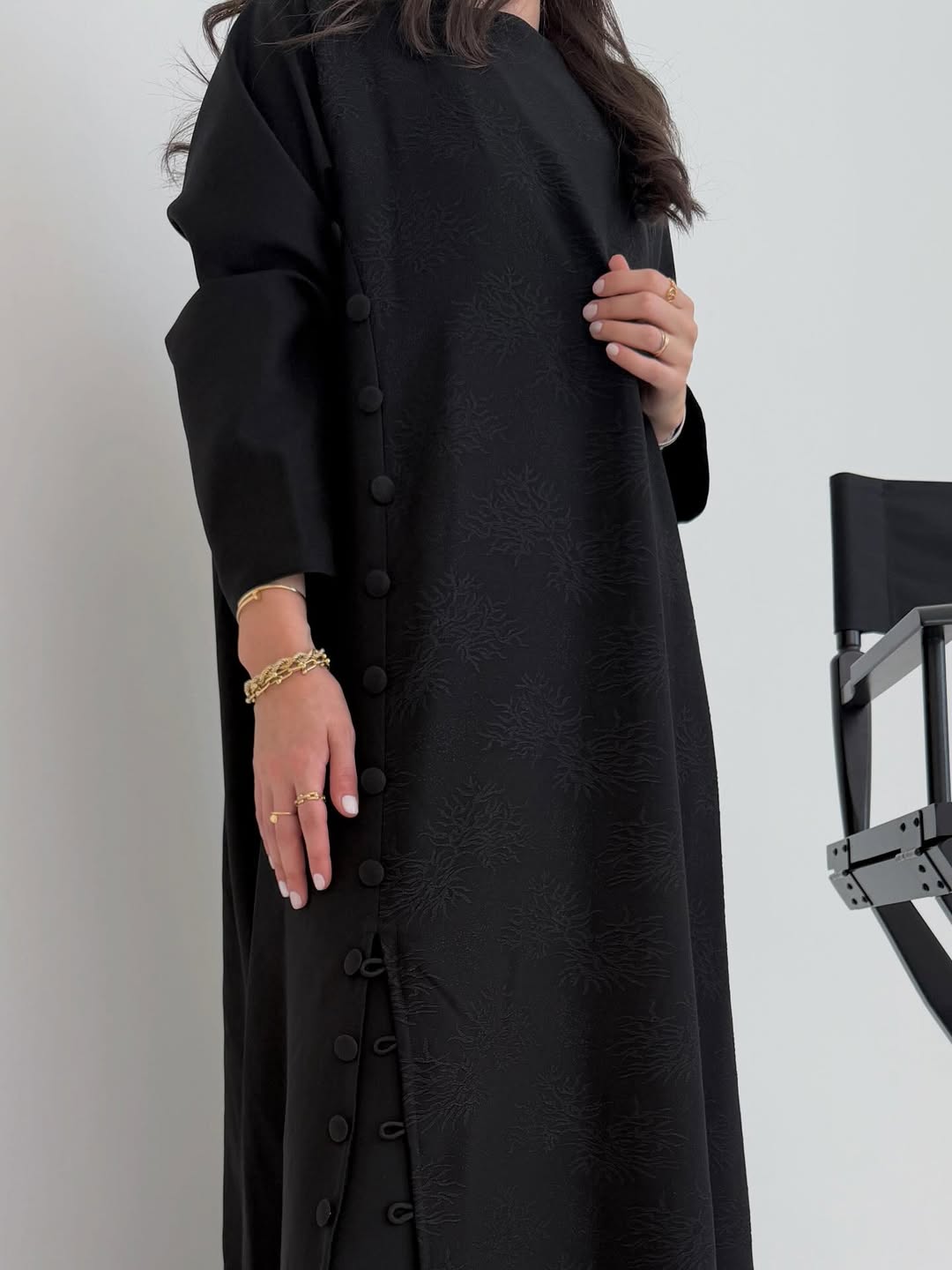 Black Textured Abaya with Side Button Detail