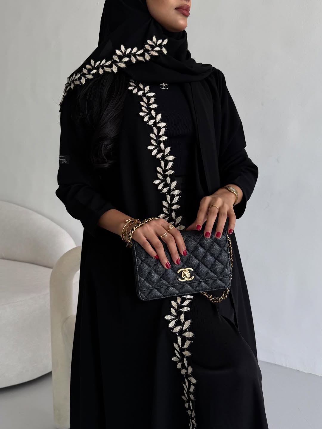 Black Abaya with Leaf Embroidery