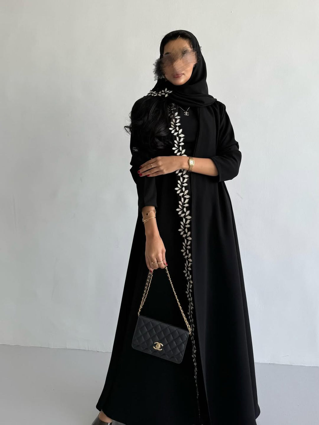 Black Abaya with Leaf Embroidery