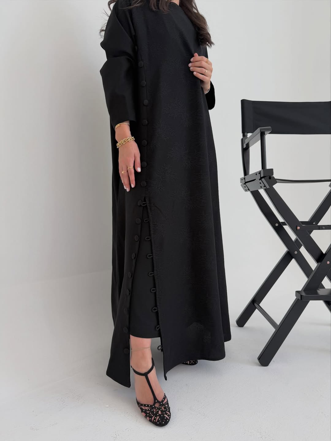 Black Textured Abaya with Side Button Detail