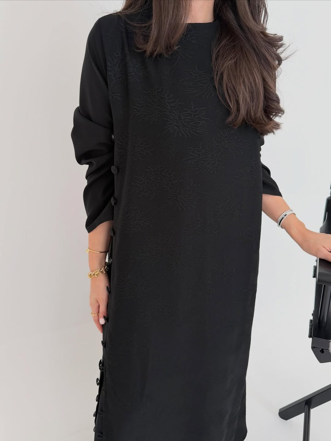 Black Textured Abaya with Side Button Detail