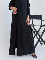 Black Textured Abaya with Side Button Detail