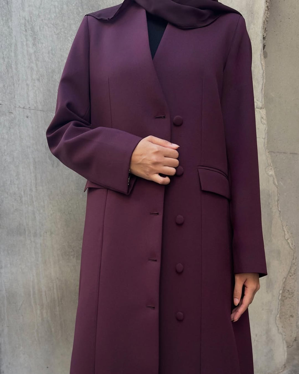 Plum Buttoned Abaya with Pocket Detail