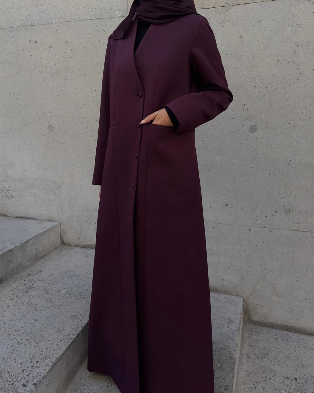 Plum Buttoned Abaya with Pocket Detail